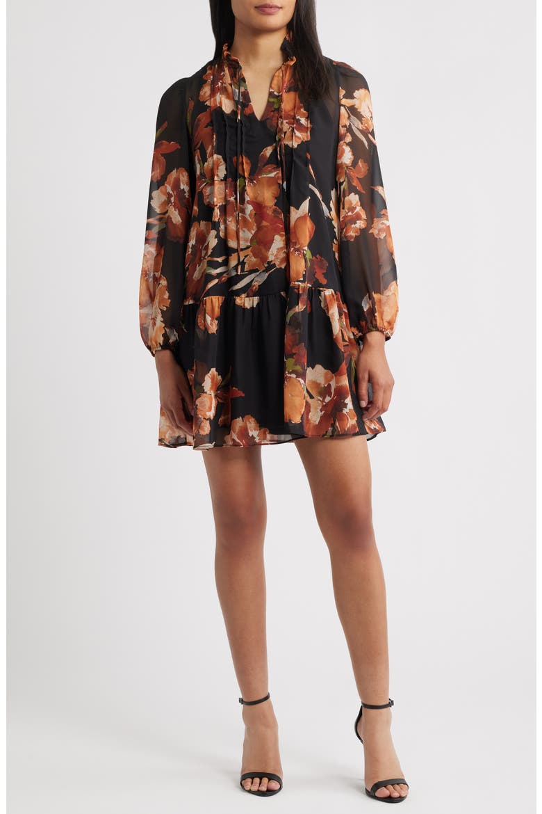 Floral Long Sleeve Drop Waist Minidress, Main, color, BLACK MULTI