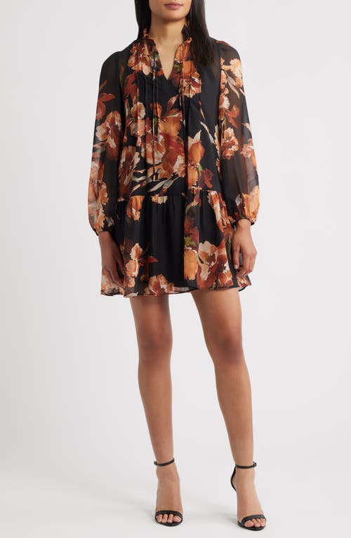 Julia Jordan Floral Long Sleeve Drop Waist Minidress In Black