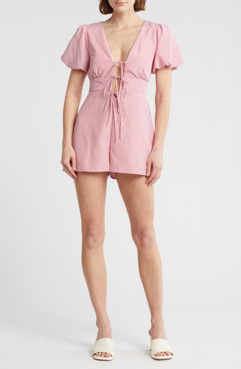Plunge Tie Front Puff Sleeve Romper