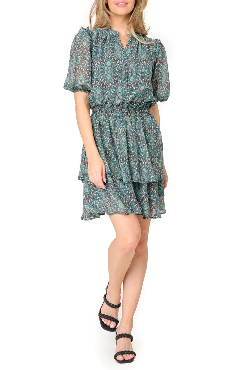 GIBSONLOOK Isla Paisley Smocked Waist Dress, Main, color, Bohemian Teal Prt