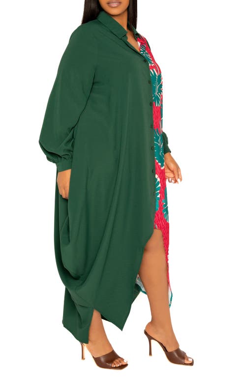 Buxom Couture Solid & Print Long Sleeve Asymmetric Maxi Shirtdress In Multi