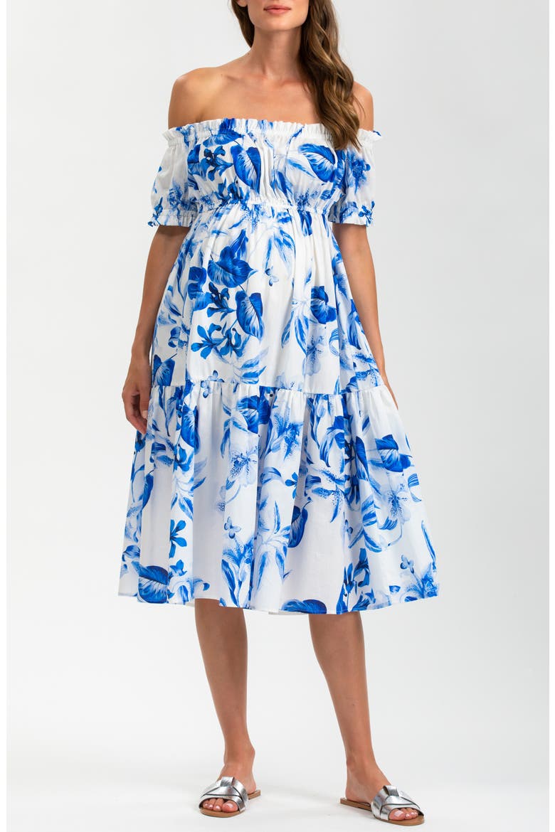 Ruched Strapless Maternity Midi Dress, Main, color, BRIGHT BLUE