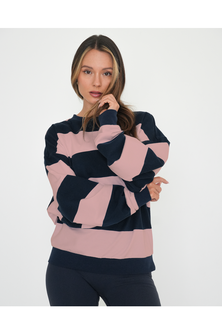 Rugby Stripe Relaxed Sweatshirt, Alternate, color, Navy/Pink