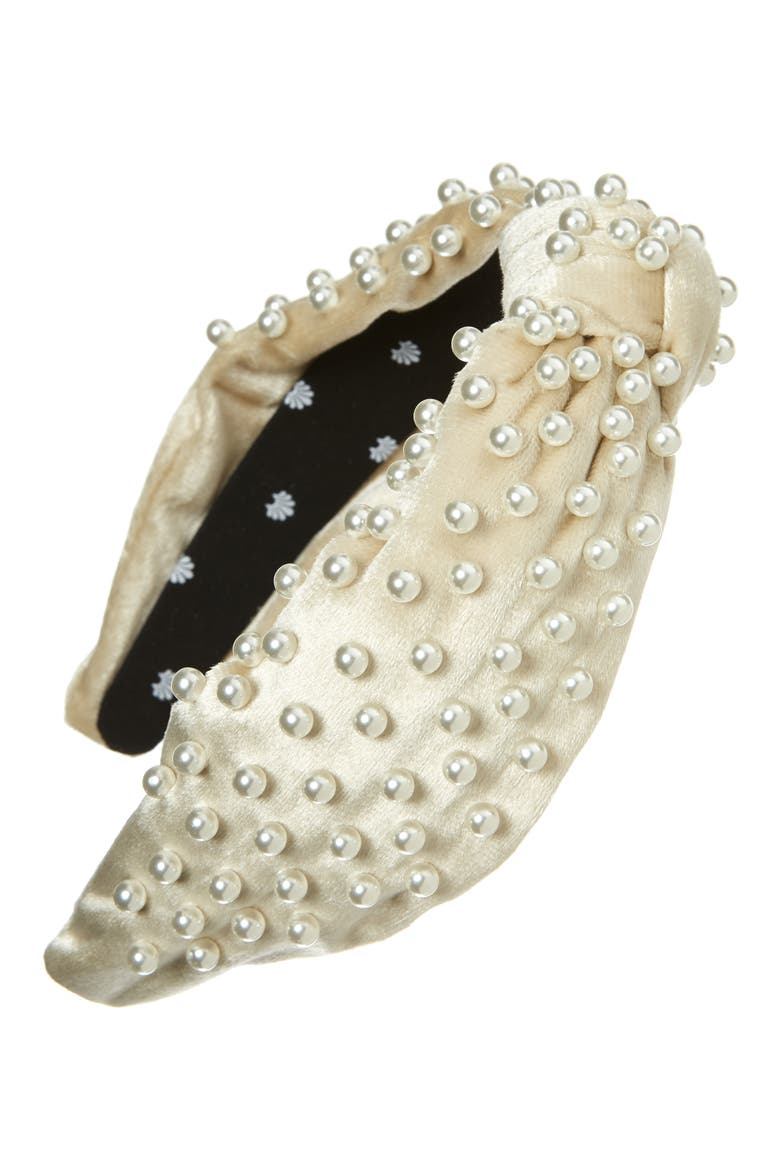 Imitation Pearl Embellished Velvet Headband, Main, color, IVORY
