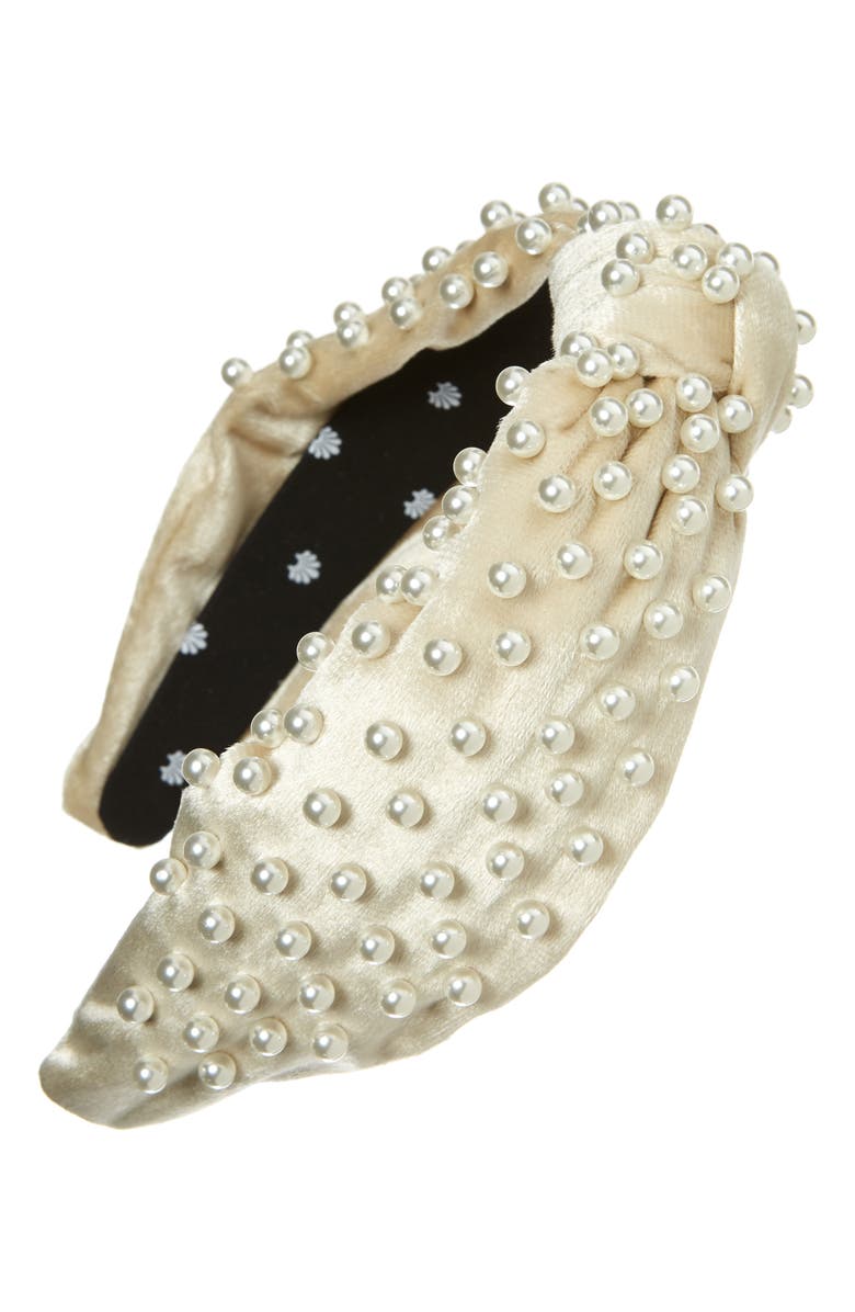 Lele Sadoughi Imitation Pearl Embellished Velvet Headband, Main, color,