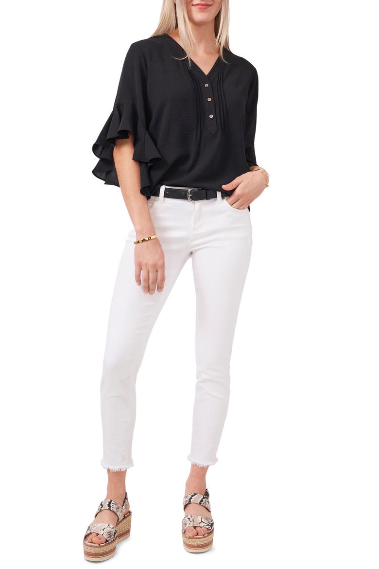 Flutter Sleeve Henley Blouse, Alternate, color, RICH BLACK