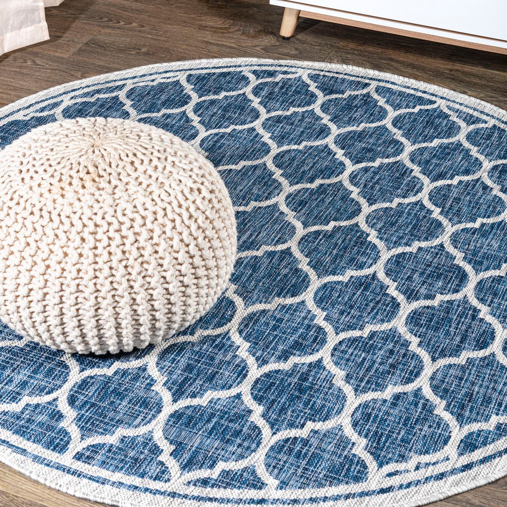 Jonathan Y Trebol Moroccan Trellis Textured Weave Indoor/outdoor Round Area Rug In Navy/gray