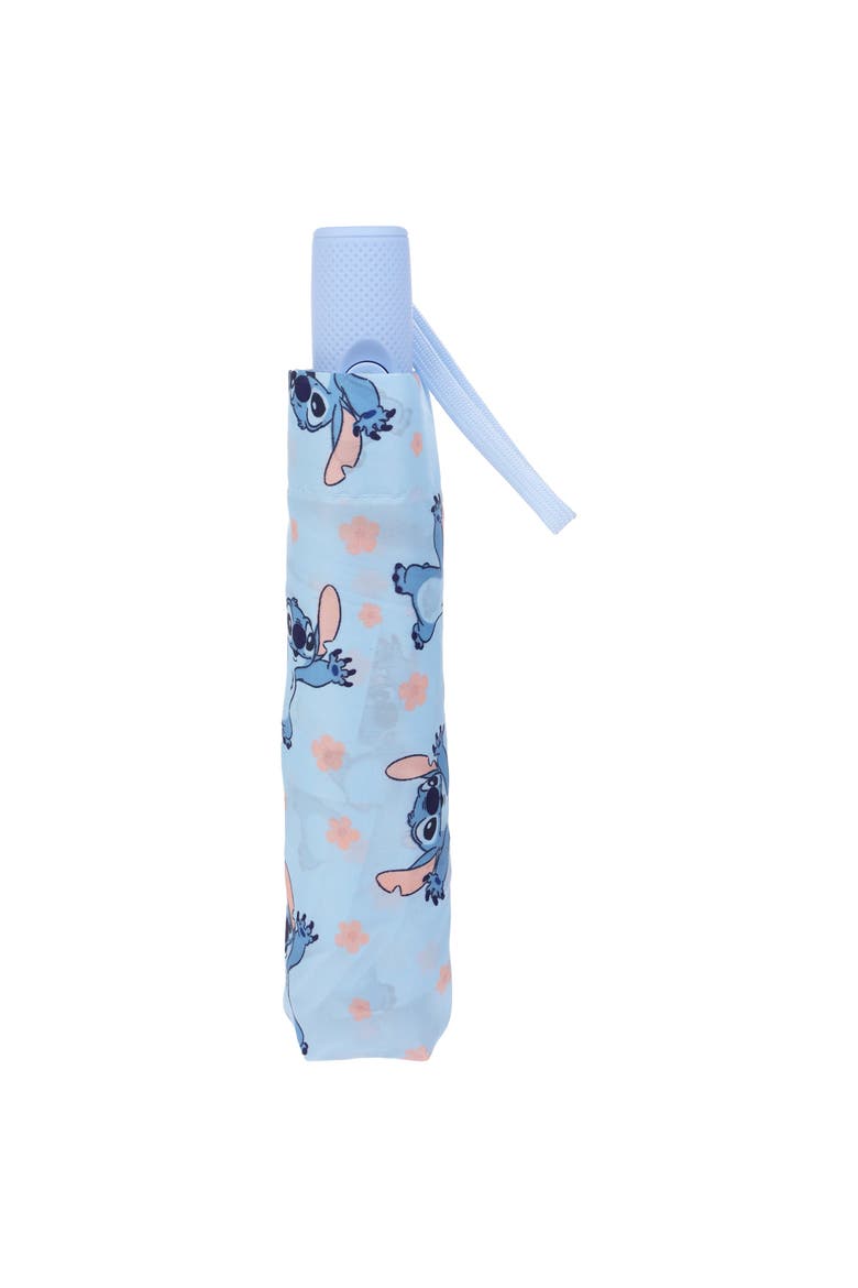 Stitch Hands Up Floral Print Compact Umbrella Officially Licensed, Alternate, color, BLUE