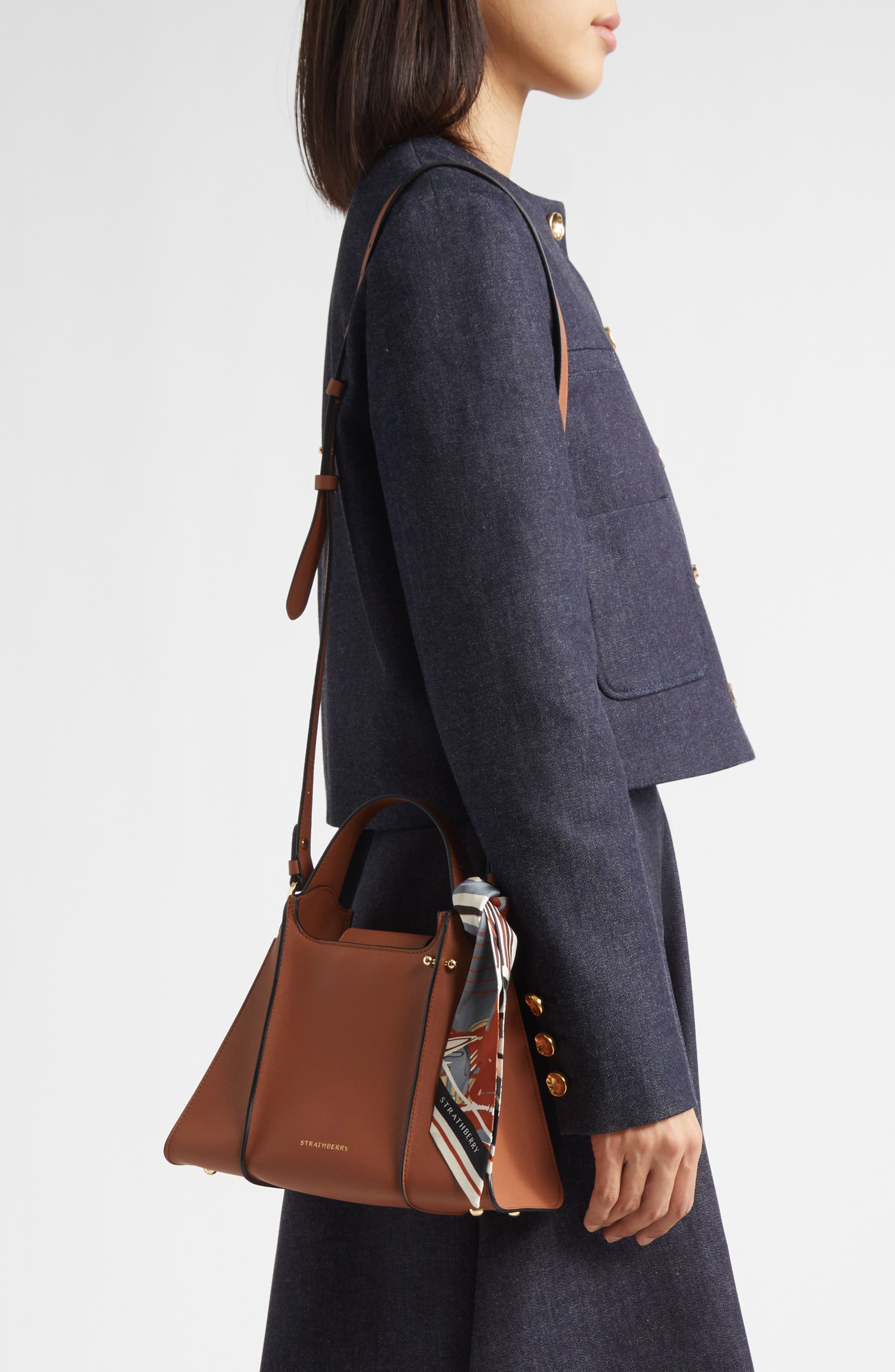 Strathberry Arkshell Top Handle Leather Bag, Alternate, color, Chestnut