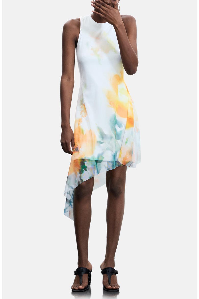 Abstract Floral Asymmetric Hem Dress, Main, color, WHITE