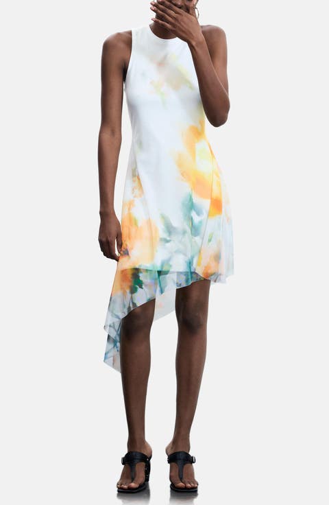 Abstract Floral Asymmetric Hem Dress