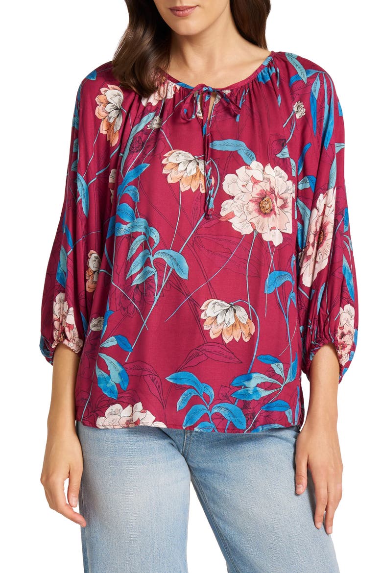 Tie Front Raglan Sleeve Top, Main, color, MAGENTA