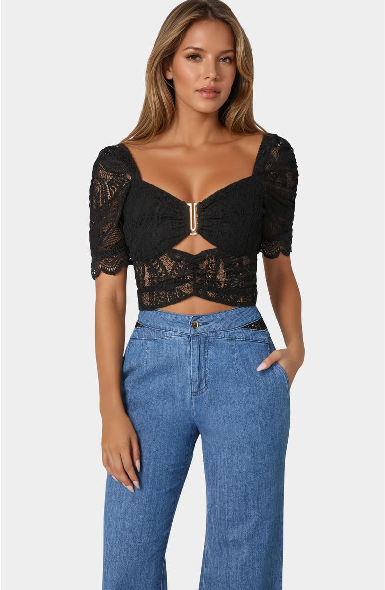 bebe Puff Sleeve Lace Top, Main, color, Black