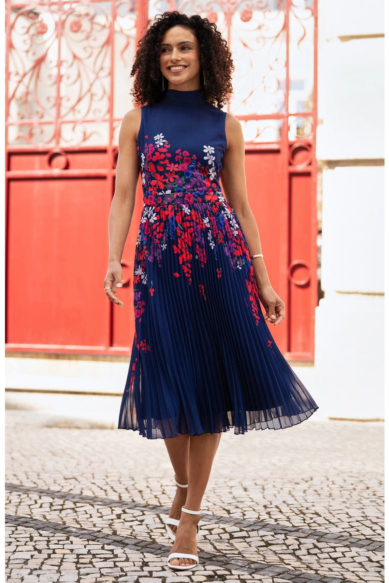 Printed Pleated Midi Dress, Alternate, color, Navy