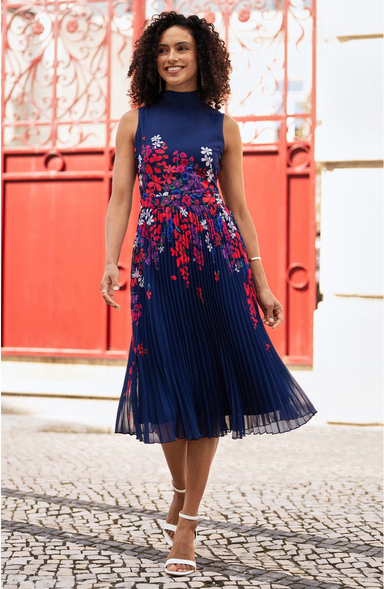 Yumi Printed Pleated Midi Dress, Alternate, color, Navy