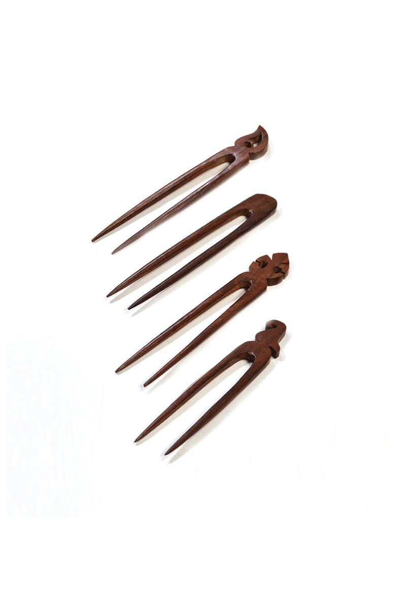 Woodcut Hair Pins - Set of 4, Main, color, Hand Carved Wood