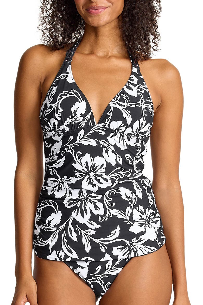 Sunset Blooms Reversible Halter UPF 50+ Tankini Top, Alternate, color, BLACK REV
