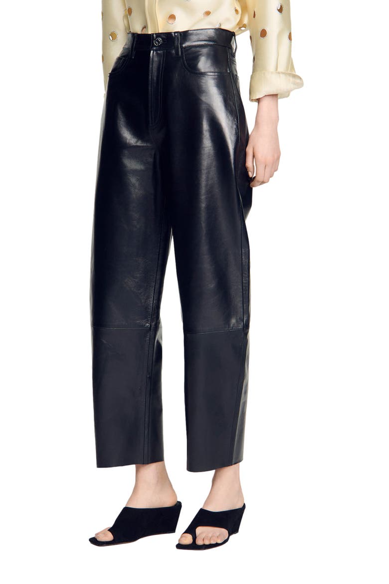 Leather barrel-leg trousers, Main, color, Black