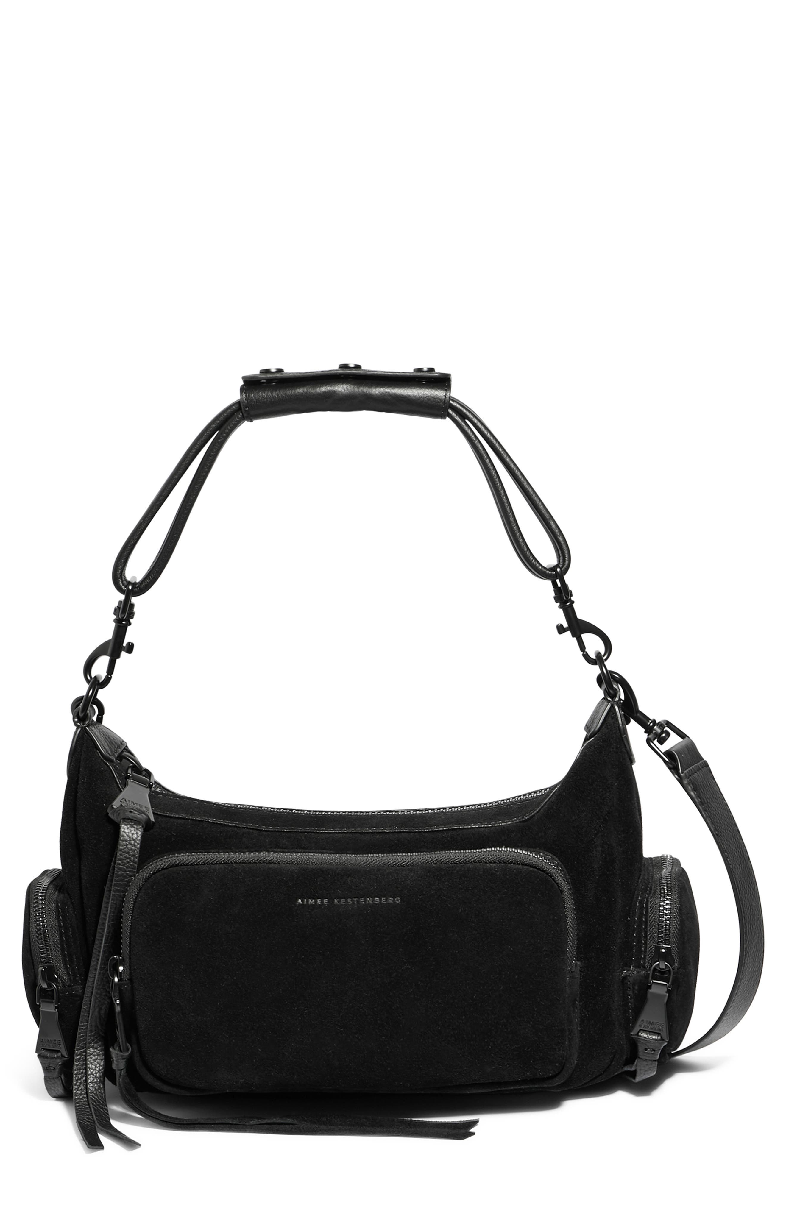 AIMEE Away We Go Suede Shoulder Bag, Main, color, Black Suede