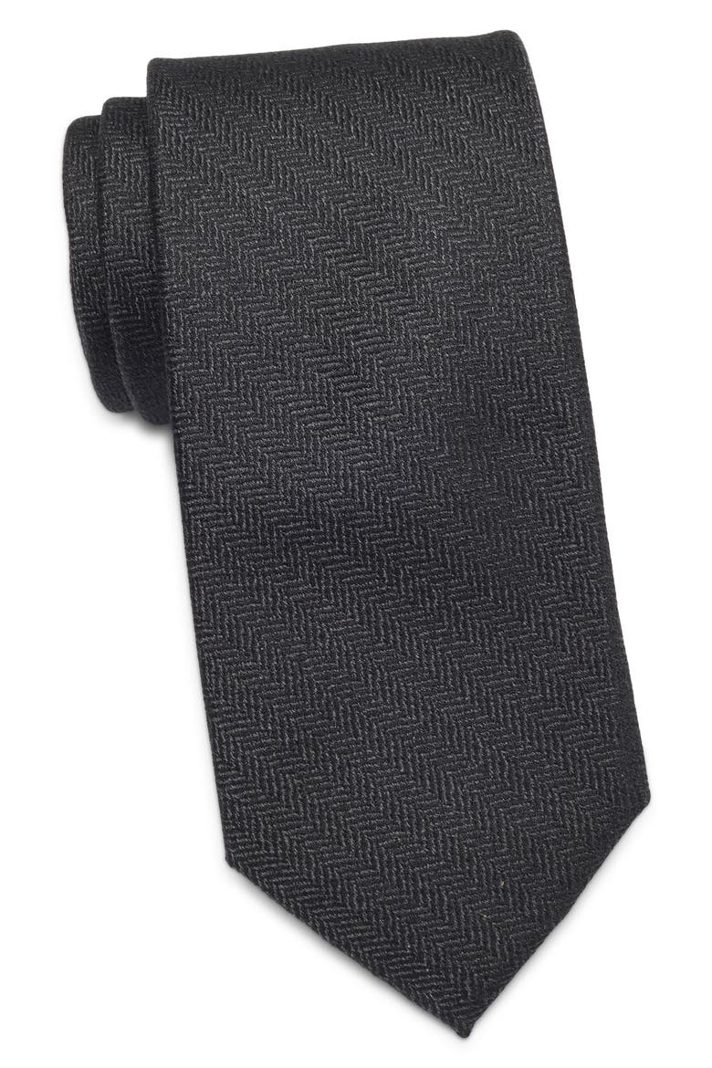 Newbury Herringbone Silk Tie, Main, color, BLACK
