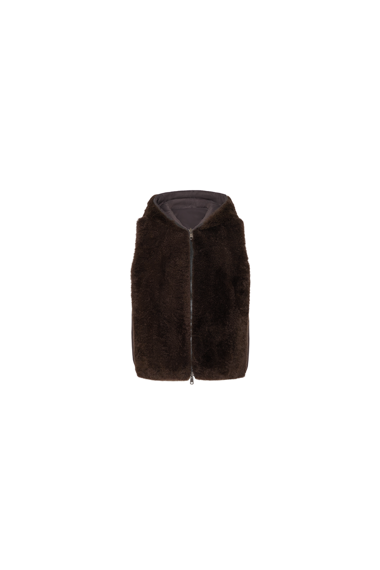 Cashmere shearling reversible hooded vest with precious trim, Alternate, color, Brown