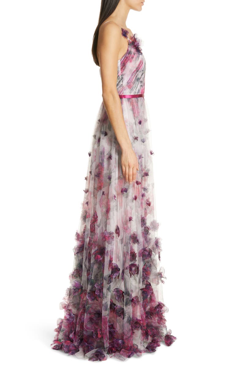 Marchesa Notte 3D Floral Tulle Evening Dress, Alternate, color, 