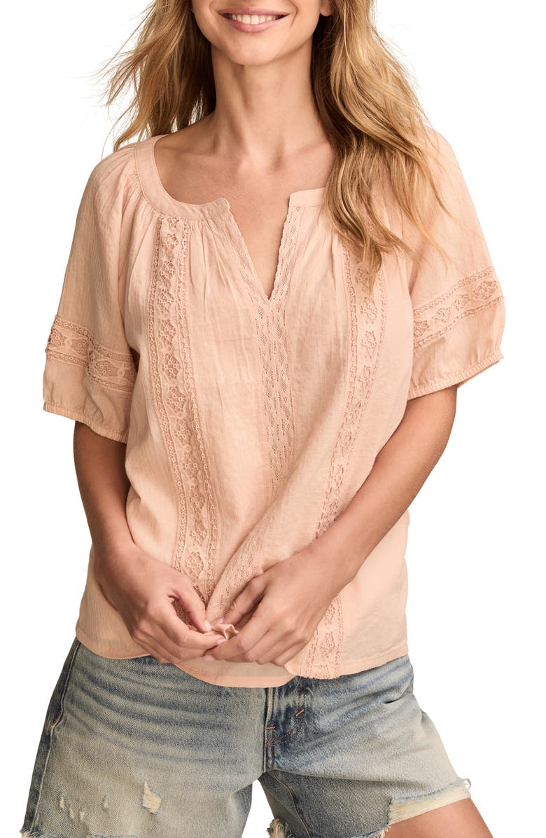 Lucky Brand Lace Inset Cotton Top, Main, color, Cameo Rose