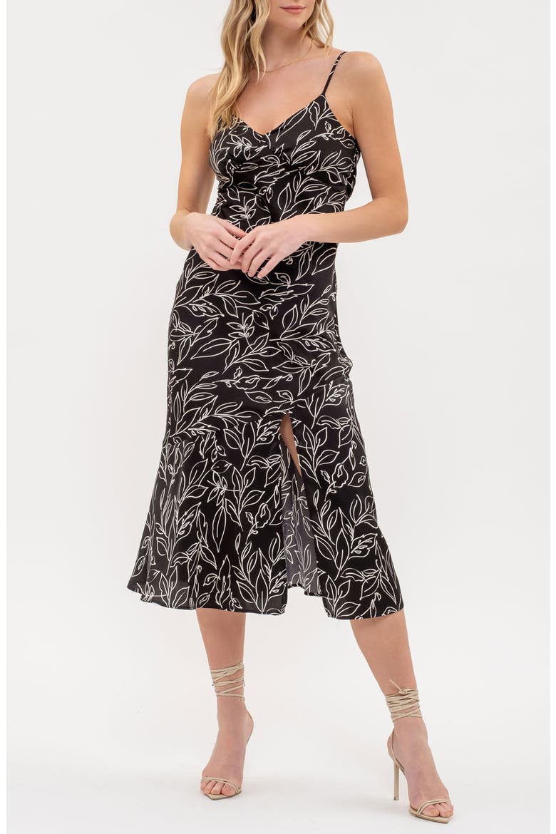 Leaf Print Midi Dress, Main, color, BLACK