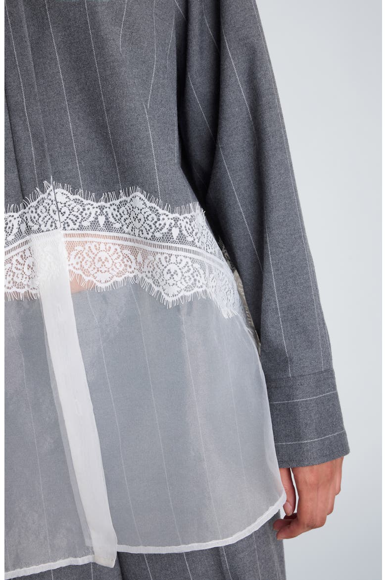 Pinstripe Lace Trim Oversized Button Front Shirt, Alternate, color, MED HEATHER GREY / WHITE