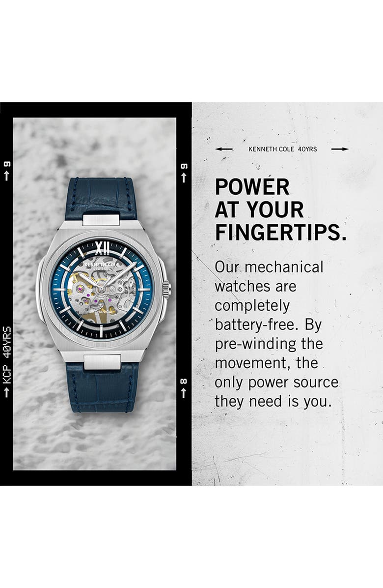 Kenneth Cole Mechanical Embossed Leather Strap Watch, 25mm, Alternate, color, 