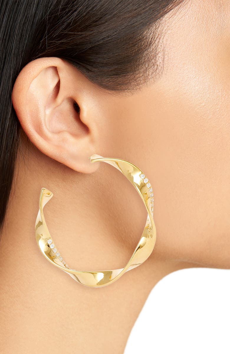 Nordstrom Demi-Fine Pavé Twist 14K Gold Plate Hoop Earrings, Alternate, color, 
