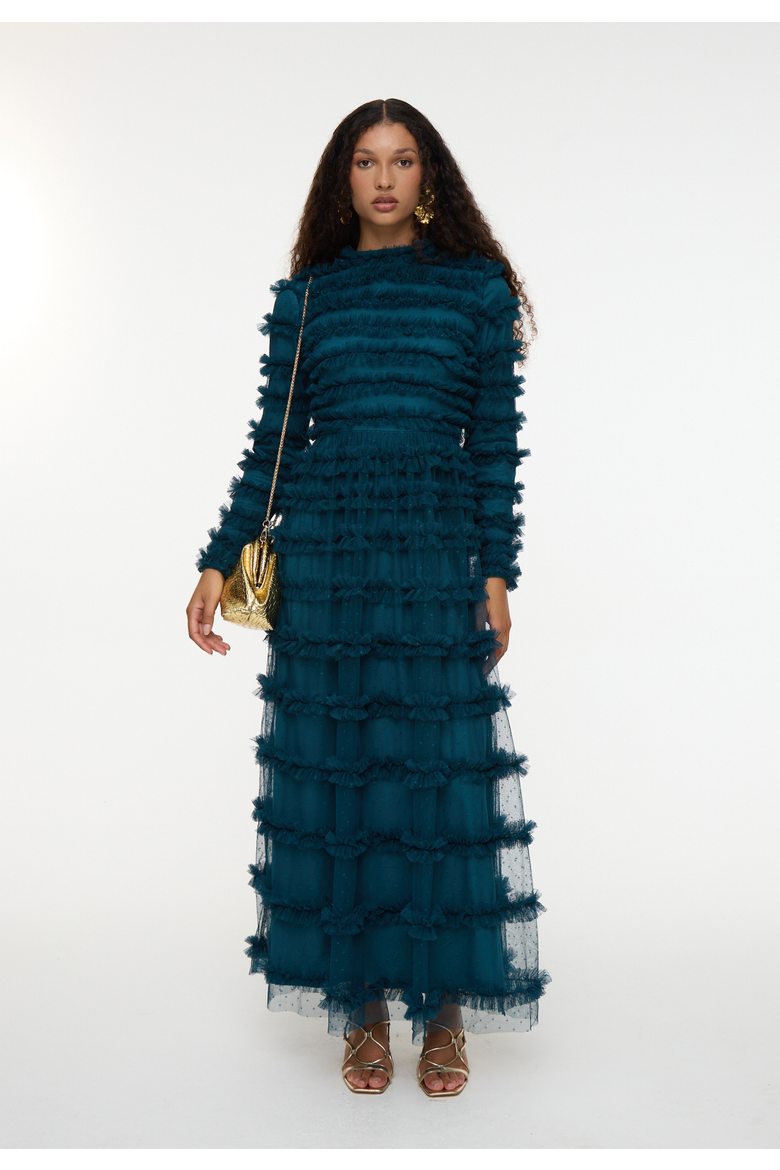 Modest Ruffle Dress Maxi With Flowey bottom, Main, color, EMERALD GREEN