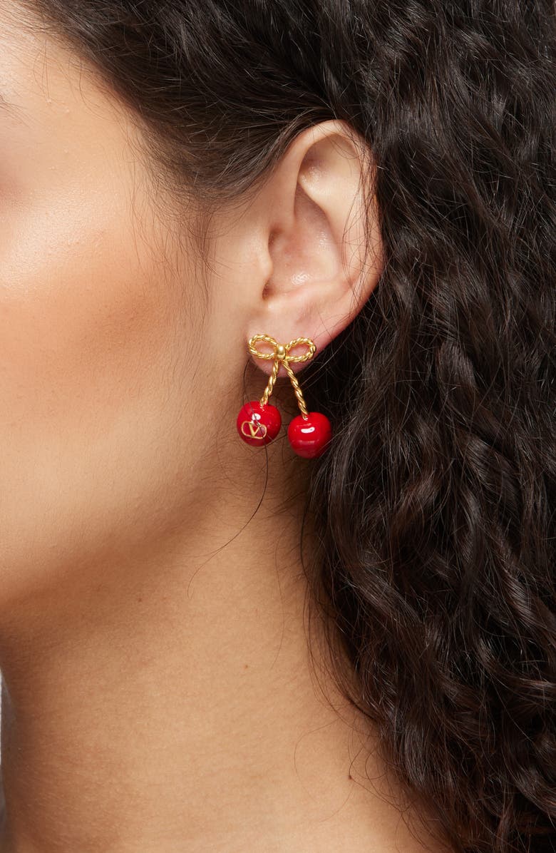 Valentino Garavani Chez Valentino Cherryfic Drop Earrings, Alternate, color, Antique Brass/ Rosso