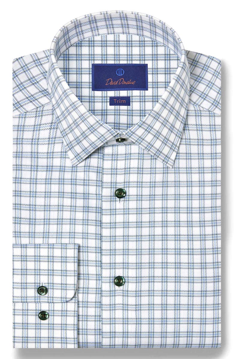 David Donahue Trim Fit Check Cotton Herringbone Dress Shirt, Main, color, Blue/ Green
