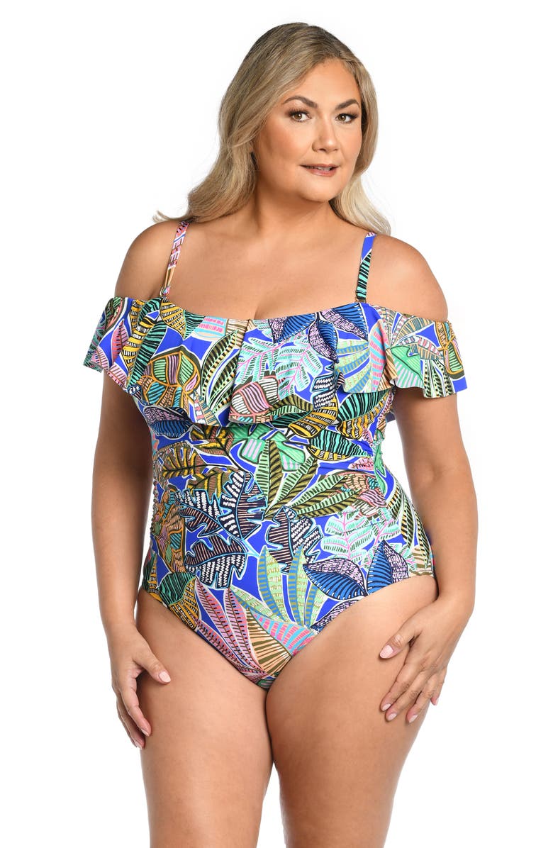 La Blanca Neon Ruffle Off the Shoulder One-Piece Swimsuit, Alternate, color, Multi