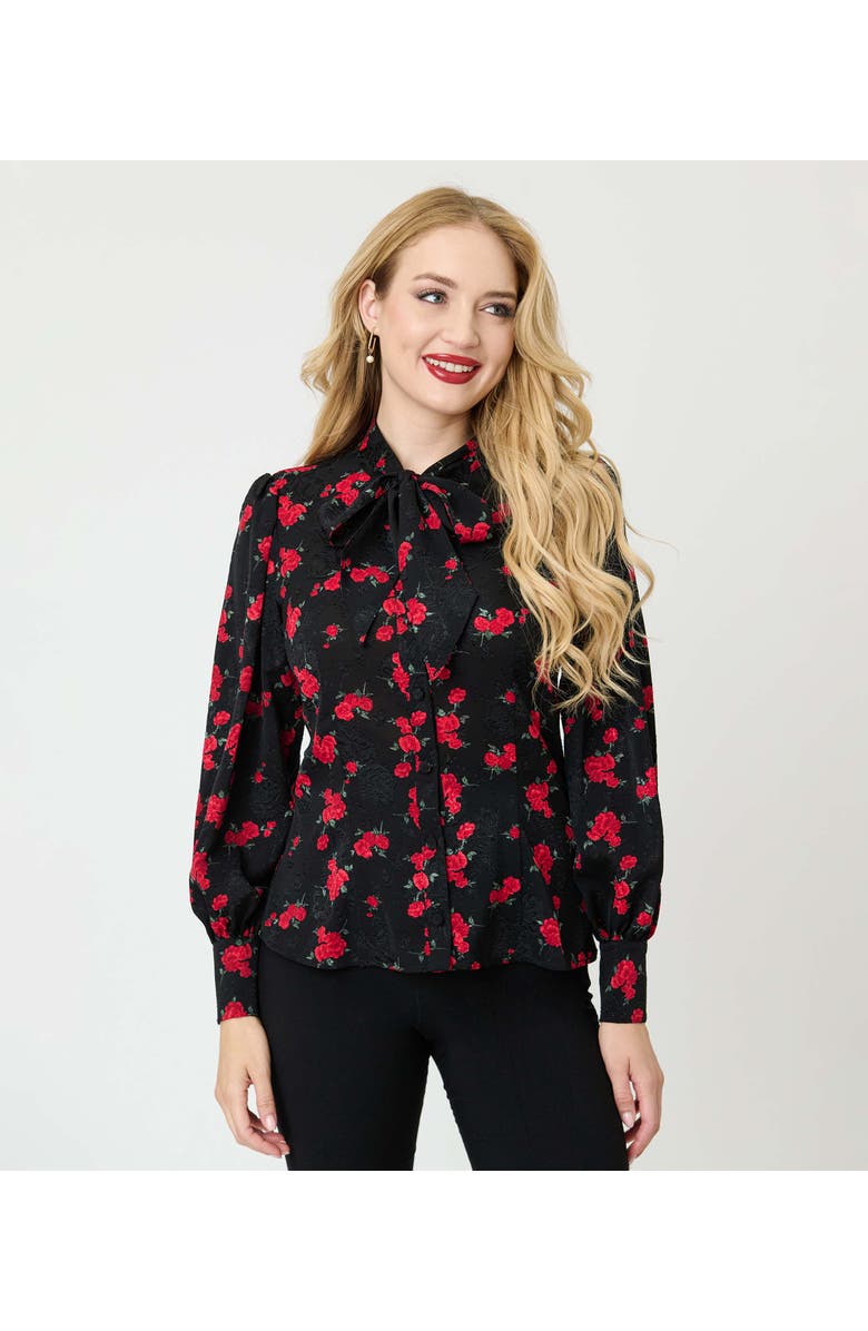 Unique Vintage Long Sleeve Neck Tie Gwen Blouse, Alternate, color, Black & Red Rose Print