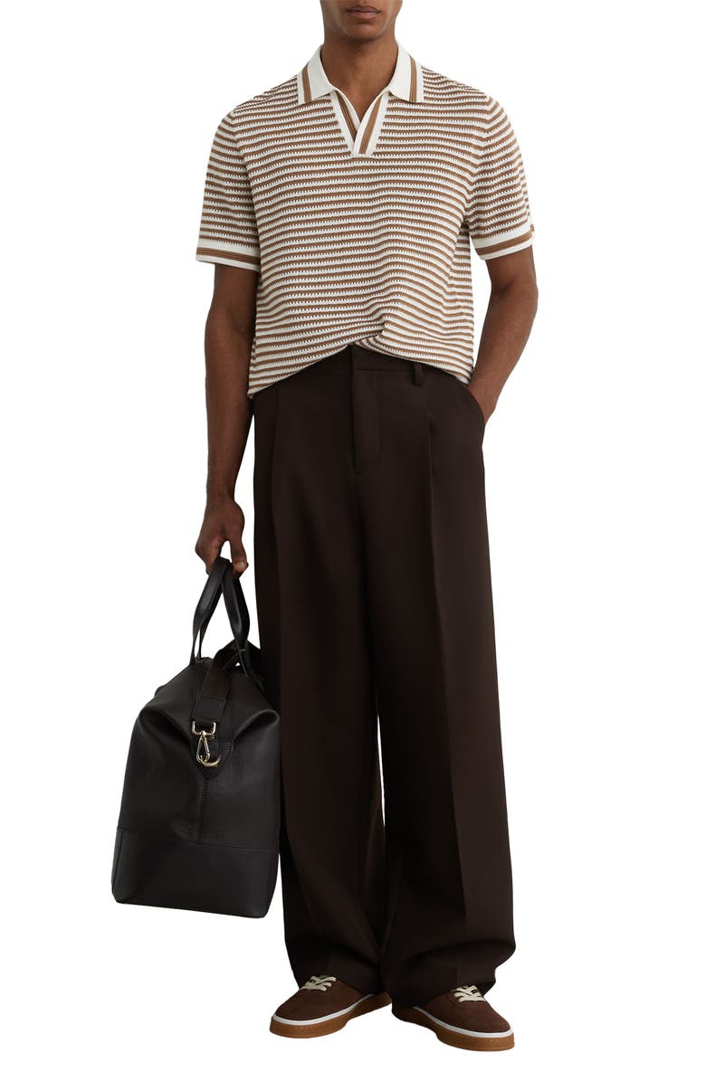 Reiss Carlford Stripe Pointelle Stitch Knit Polo, Alternate, color, Camel/ Off White