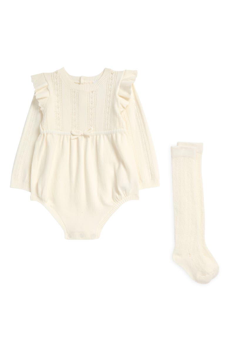 Nordstrom Pointelle Long Sleeve Sweater Romper & Socks Set, Main, color, Ivory Egret