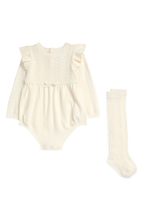 Pointelle Long Sleeve Sweater Romper & Socks Set (Baby)