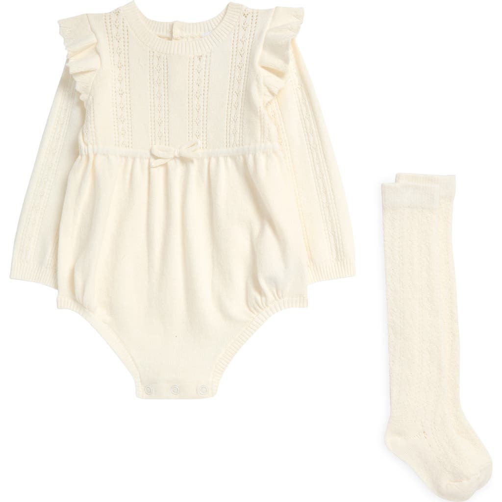 Nordstrom Pointelle Long Sleeve Sweater Romper & Socks Set In Ivory Egret