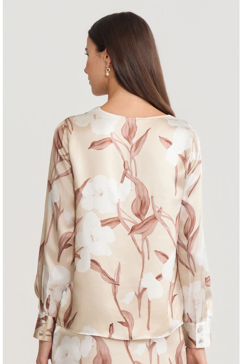 Draped Neck Floral Print Silk Blouse, Alternate, color, Biscotti/Charmeuse