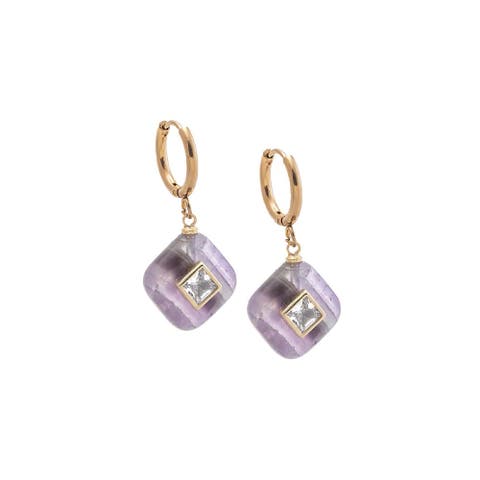 Square Charm Bezel Drop Huggie Earrings
