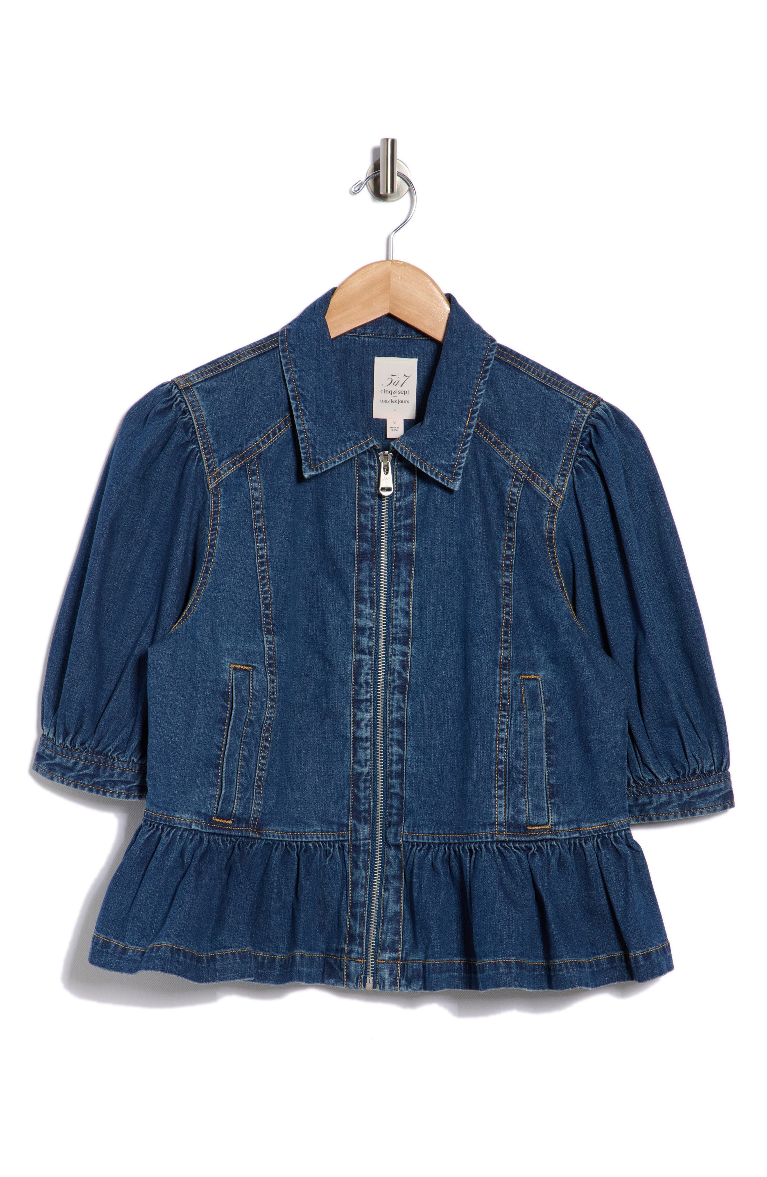 Cinq à Sept Daphne Puff Sleeve Peplum Denim Jacket