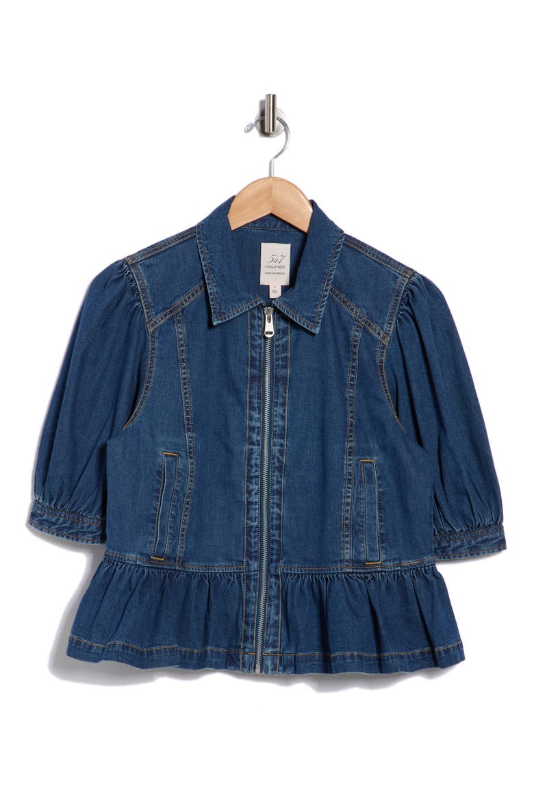 Daphne Puff Sleeve Peplum Denim Jacket, Alternate, color, RUISSEAU