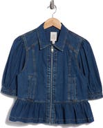 Cinq à Sept Daphne Puff Sleeve Peplum Denim Jacket