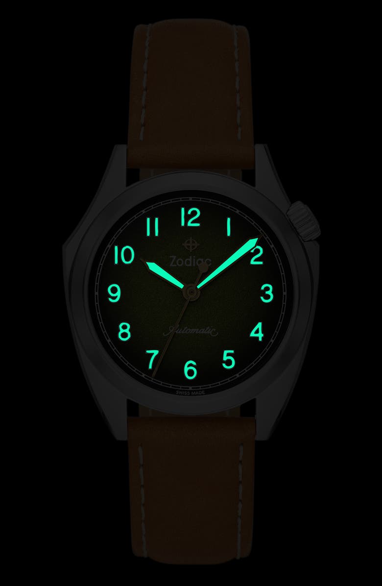 Zodiac Field Olympos Automatic Leather Strap Watch, 40mm, Alternate, color, 