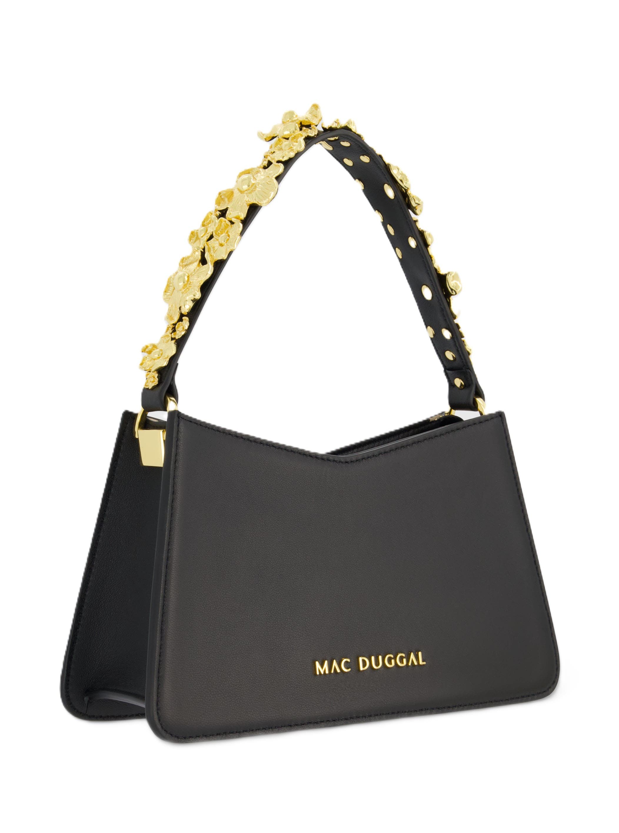 Mac Duggal Gold Floral Strap Nappa Leather Shoulder Bag, Alternate, color, Black