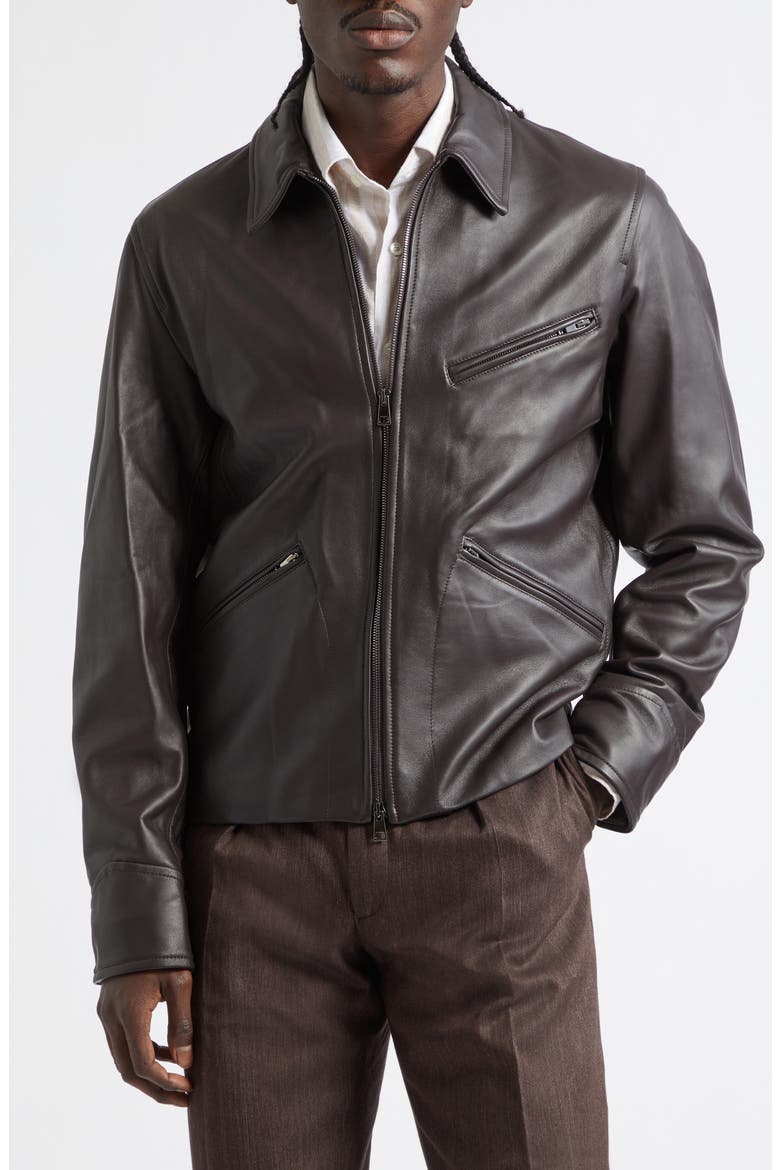 Leather Racer Jacket, Main, color, BROWN