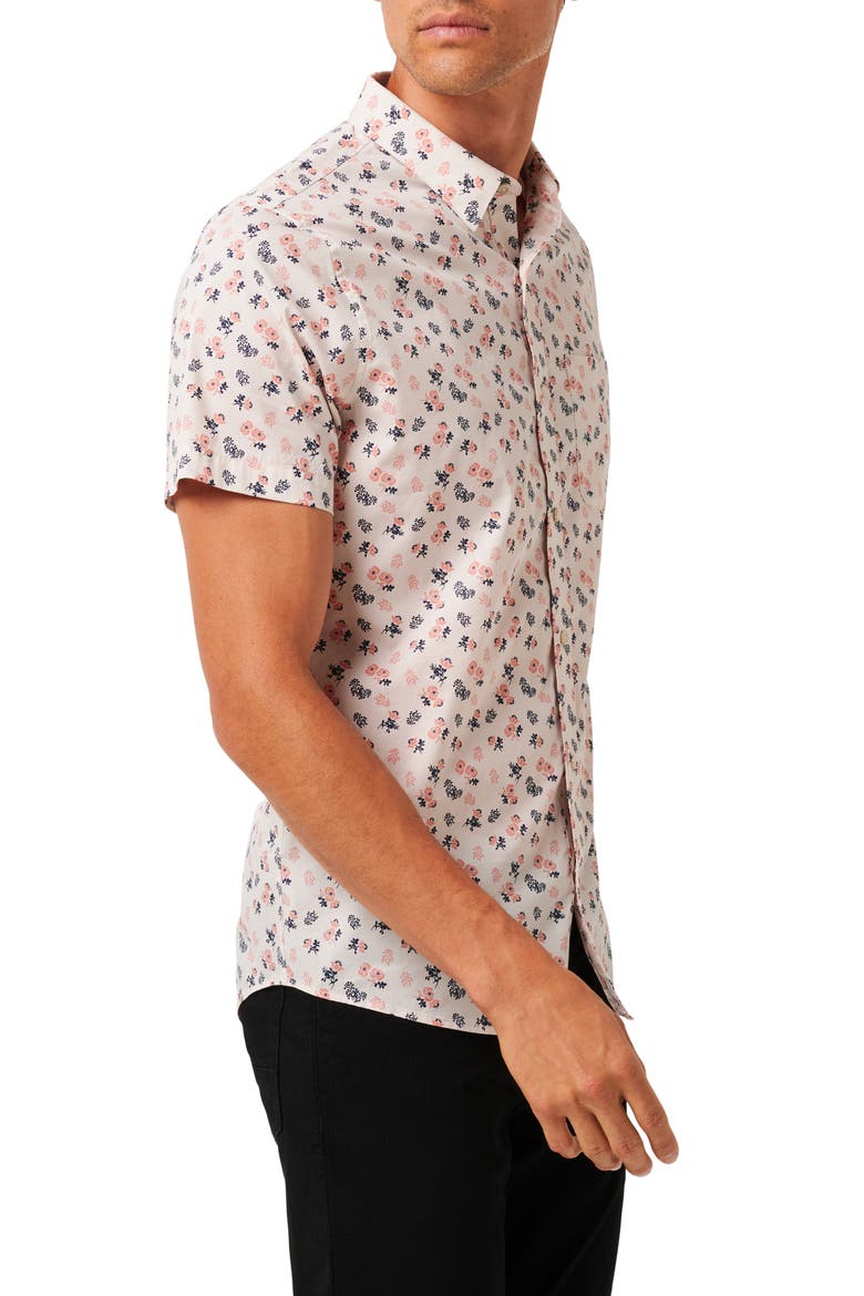 Something New Floral Short Sleeve Stretch Cotton Blend Button-Up Shirt, Alternate, color, MOONBEAM