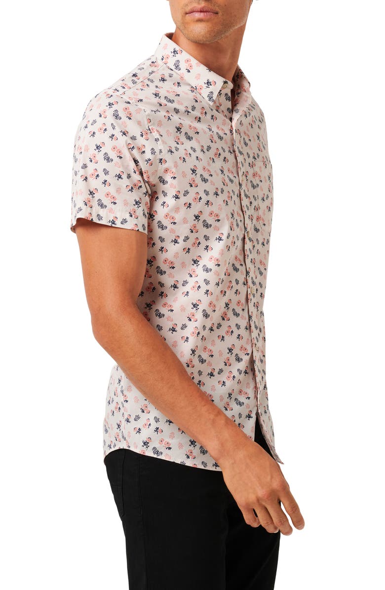 TravisMathew Something New Floral Short Sleeve Stretch Cotton Blend Button-Up Shirt, Alternate, color, Moonbeam